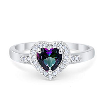 Halo Heart Promise Ring Round Simulated Rainbow CZ 925 Sterling Silver